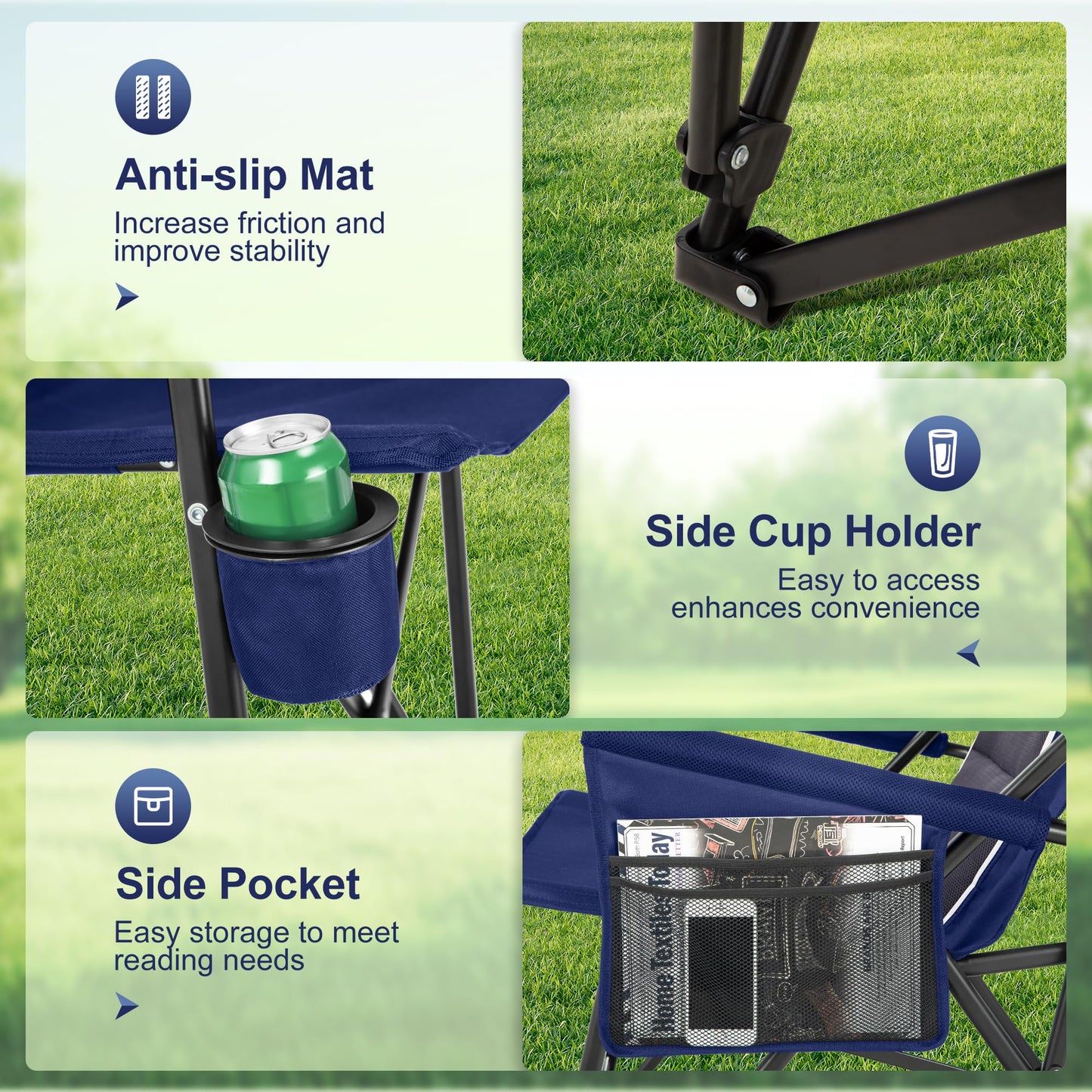 LET'S CAMP Oversized Camping Chairs 29.52" High Back Heavy Duty Lawn Chair Support 500LBS, Portable Collapsible Chair with Cup Holder, Side Pocket(Blue)