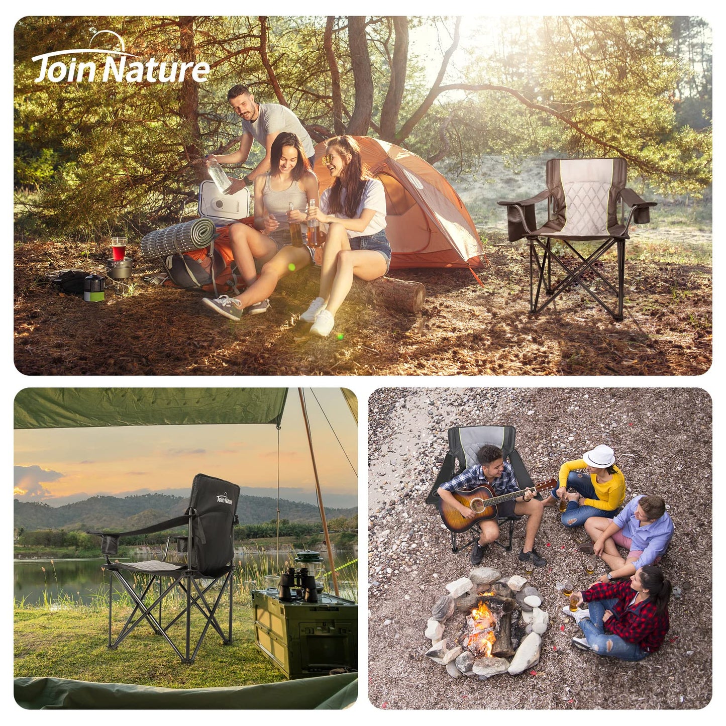 Join Nature Outdoor Large Camping Chairs for Adults, Heavy Duty Camp Chair Support 800lbs, King Kong Folding Chairs with Padded and Pocket for Outside, Sports, Lawn, Built Durable and Reliable, Black