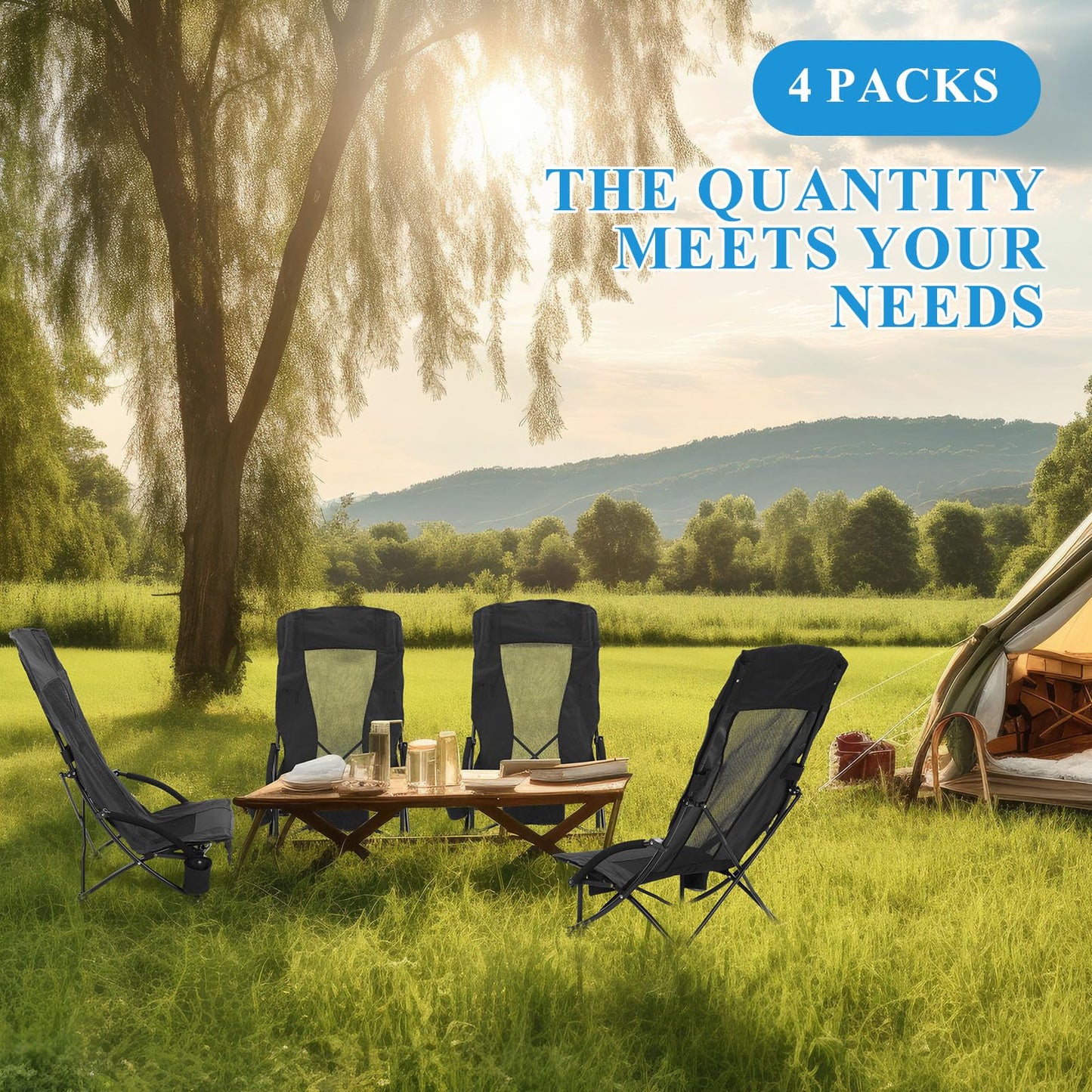 4 Pack Beach Chair for Adult High Back Low Beach Chair Bulk Portable Folding Camping Chairs Lightweight Sand Chairs with Cup Holder Carry Bag for Outdoor Camping Sand Concert
