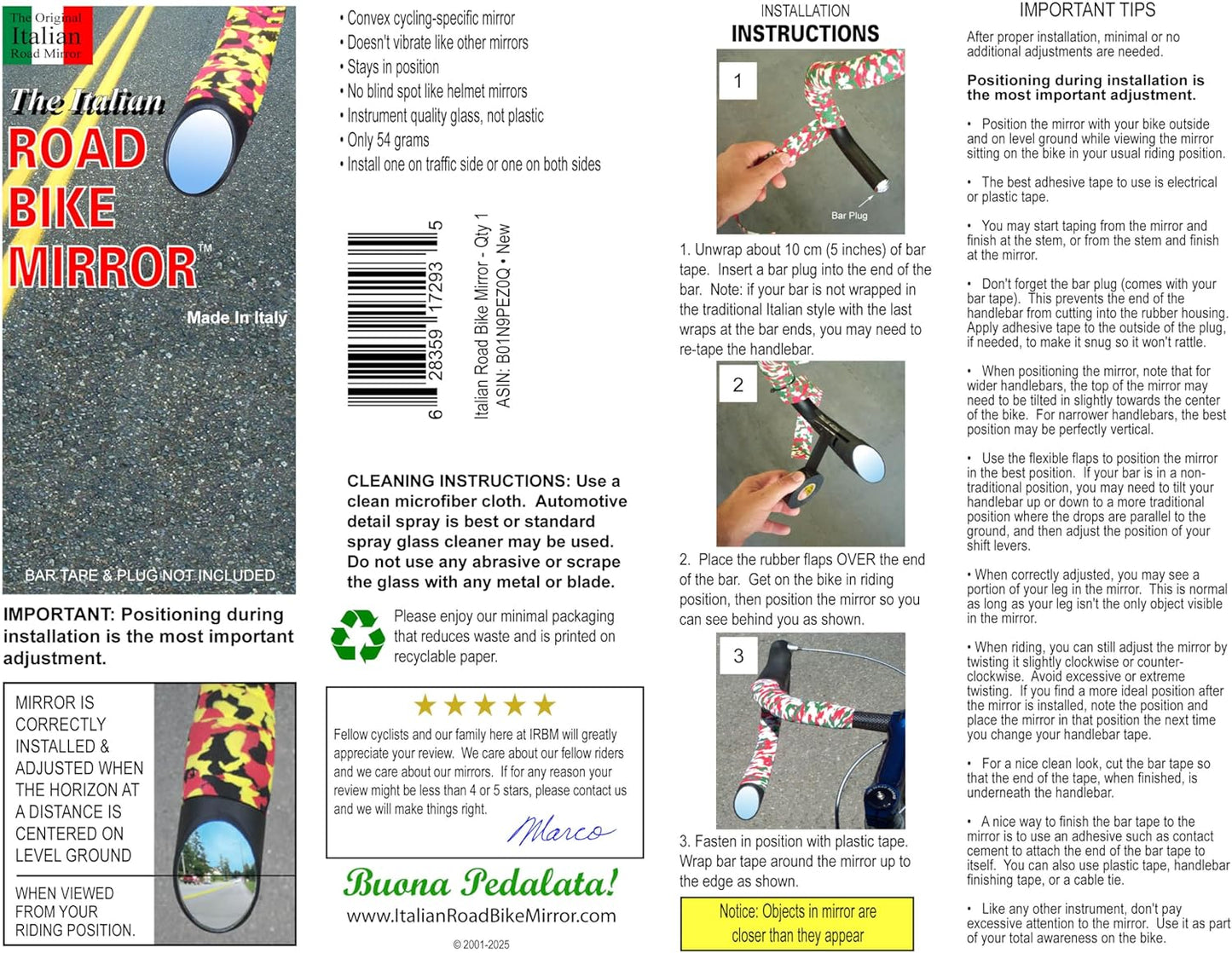 Italian Road Bike Mirror for Road Bicycle Drop Bar, Black, Left or Right