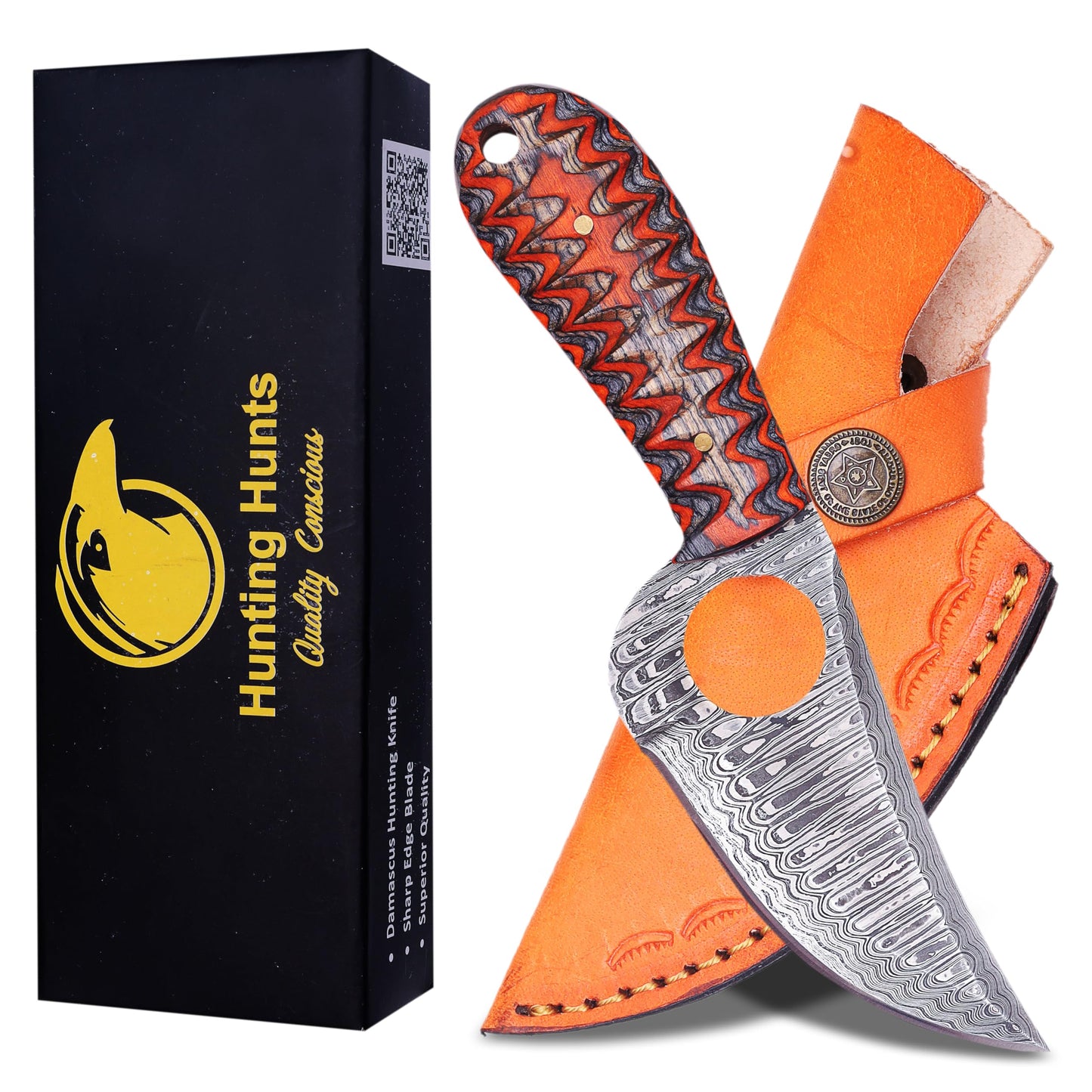 HUNTING HUNTS Predator Hunter - Handmade Damascus Knife with Leather Sheath - For Skinning, Camping, Outdoor - EDC 7” Fixed Blade Bushcraft Knives | Red Black Exotic Wood Handle