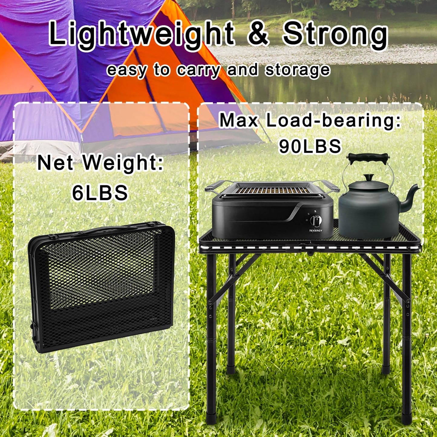 jkwokback 3ft x 2ft Grill Table Portable Camping Table and Grill Table Camping Table Portable Folding Table Outdoor Picnic Table,Height Adjustable Collapsible Table with Mesh Desktop