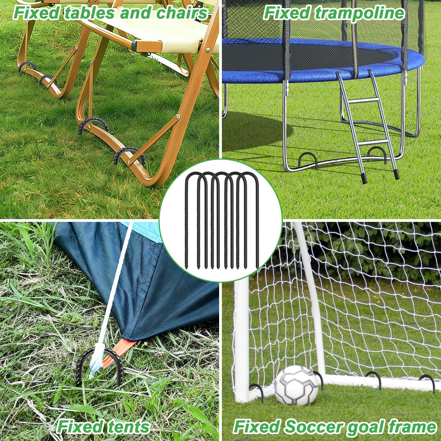 Gtongoko 8 Pack Trampoline Stakes, Trampoline Accessories, 12 Inch Ground Stakes Heavy Duty, Ground Anchors Screw in, Rebar Stakes, High Wind Tent Anchors, Galvanized Steel, U Shaped, Black