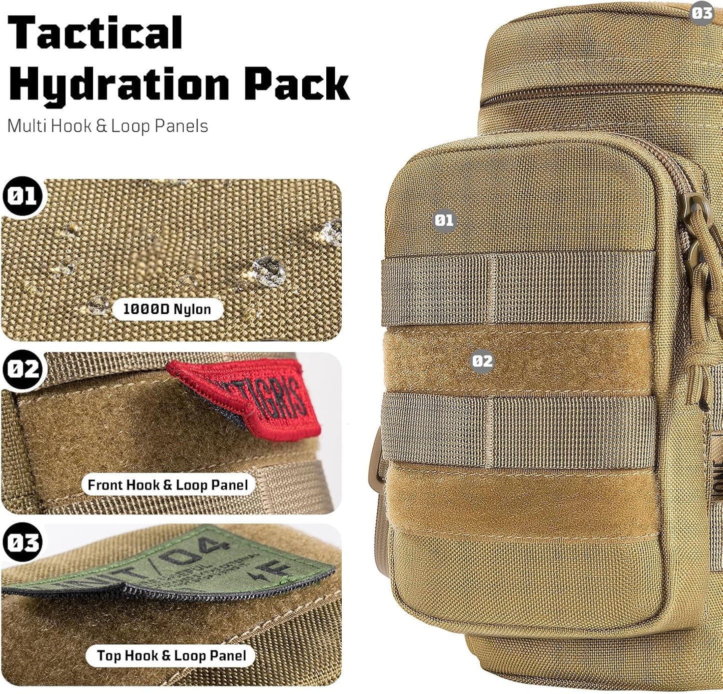 OneTigris Molle Water Bottle Pouch, 32oz Sniper Bottle Holder Tactical Hydration Carrier Bag with Extra Pouch and Detachable Shoulder Strap 1000D Nylon for Hiking Camping Climbing