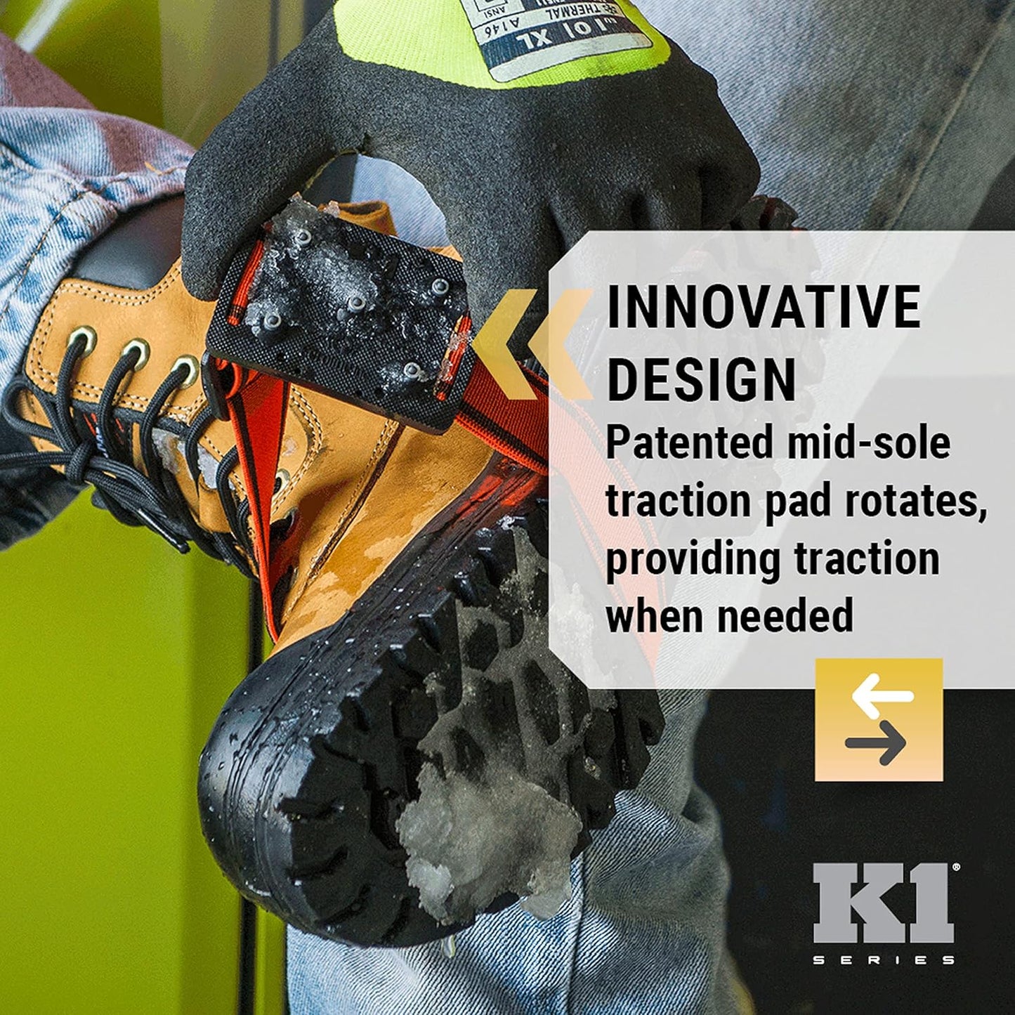 K1 Mid-Sole Ice Cleats for Men & Women - Rotatable Traction Aids For Winter Snow - Hi Vis - Low Profile
