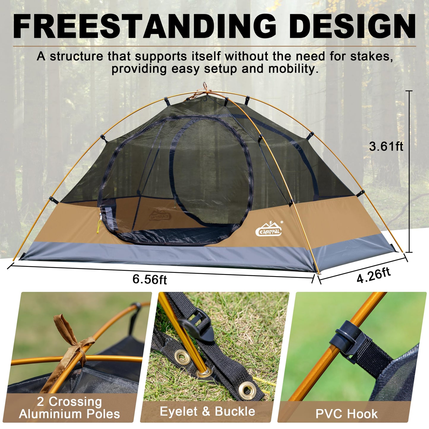 2 Person Backpacking Tent, Waterproof Windproof Two Person Tent, Lightweight Easy Setup 2 Man Tent for Camping, Hiking, Biking, Cycling, Motorbiking, Mountaineering - Khaki