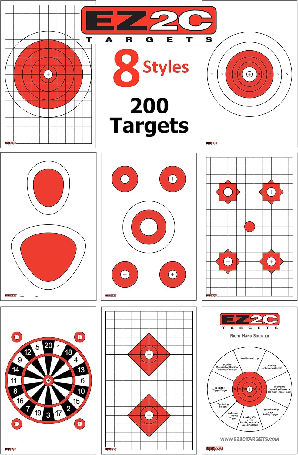 200 EZ2C Paper Shooting Targets - Eight Popular Styles Combo Package to Practice on Gun Range, 11 x 17