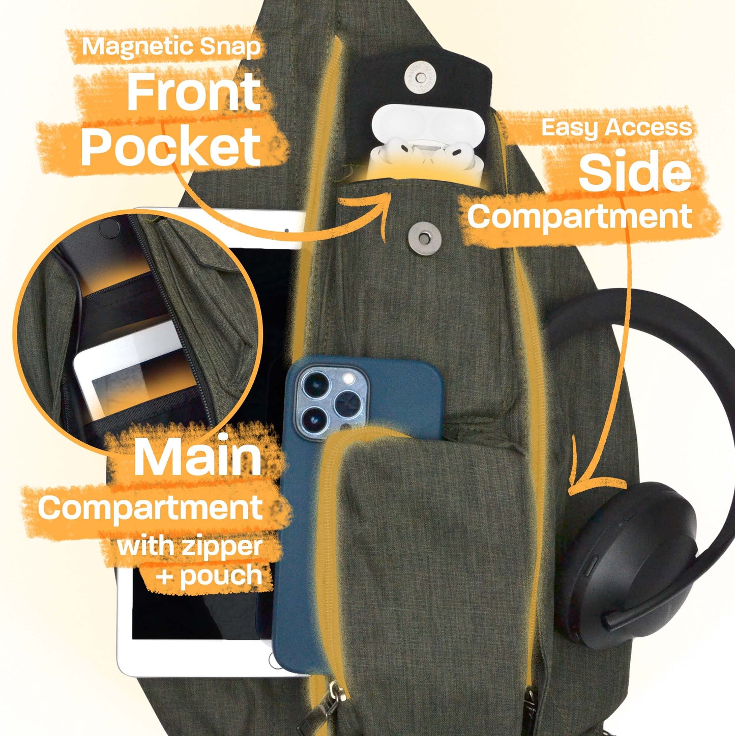 Nupouch Rucksack Pickleball Bag, Anti-Theft Crossbody Sling, USB Charging Connector Port, Backpack, Gray Tie Dye