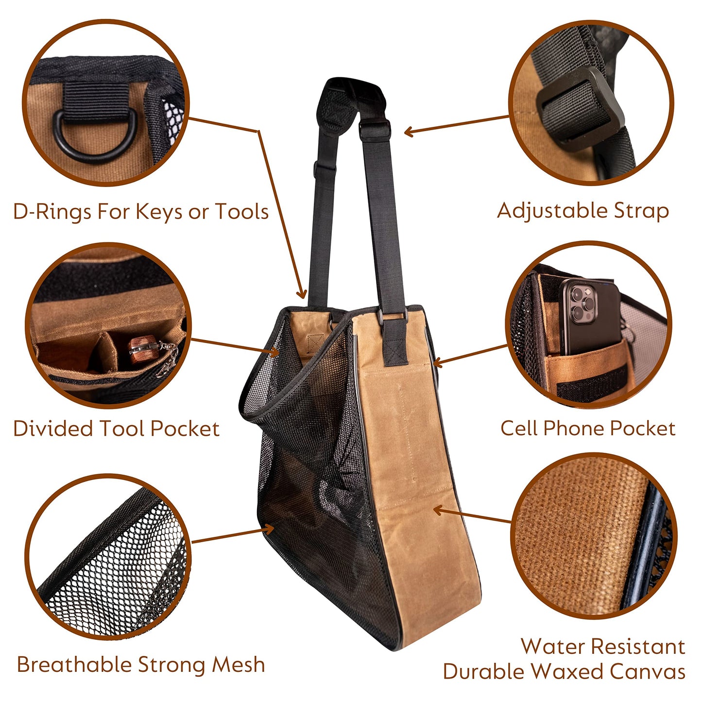 Earth Biome Large Waxed Canvas and Mesh Mushroom Foraging Kit with Pockets | Fruit Picking Bag for harvesting fruit and vegetables | Farmers Market Bag (Carob with Redwood Knife)