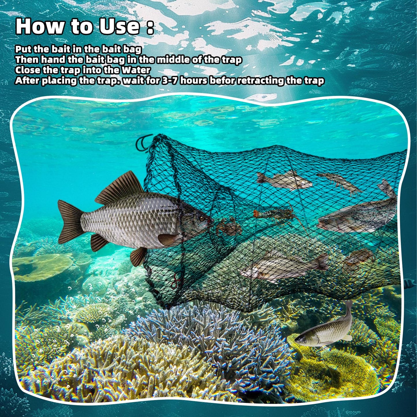 3 Pcs Foldable Fishing Net Accessories for Crab Crayfish Shrimp:Fishing Landing Net with Telescoping Pole Handle, Collapsible Crab Trap Hexagon and 2 Ropes