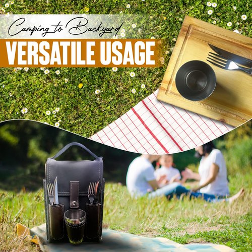 Portable Camping Dish Set - Travel Plate Set - Mess Kit for 2 - Essential Plates and Utensils - Tableware Set - All Black Design for Camping or Picnic.