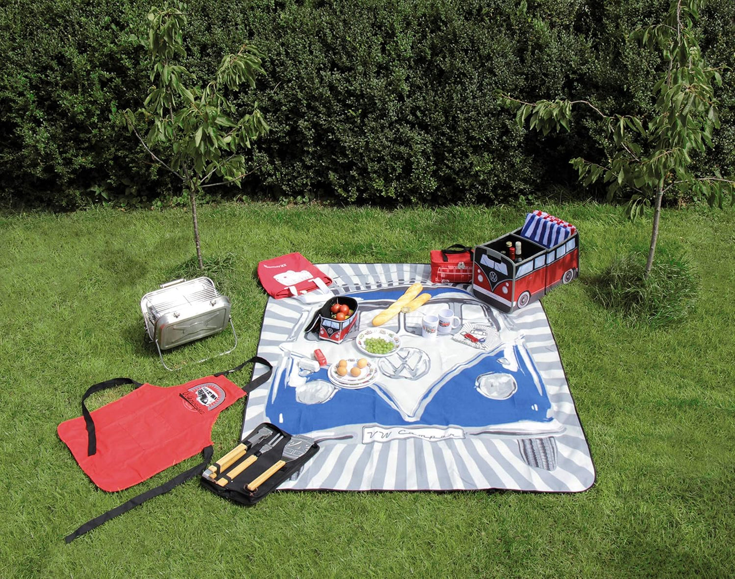 BRISA VW Collection - Volkswagen Picnic Cuddle Throw Blanket T1 Bus Campervan (Samba Stripes/Blue/200x150cm/59x78.7 in.)