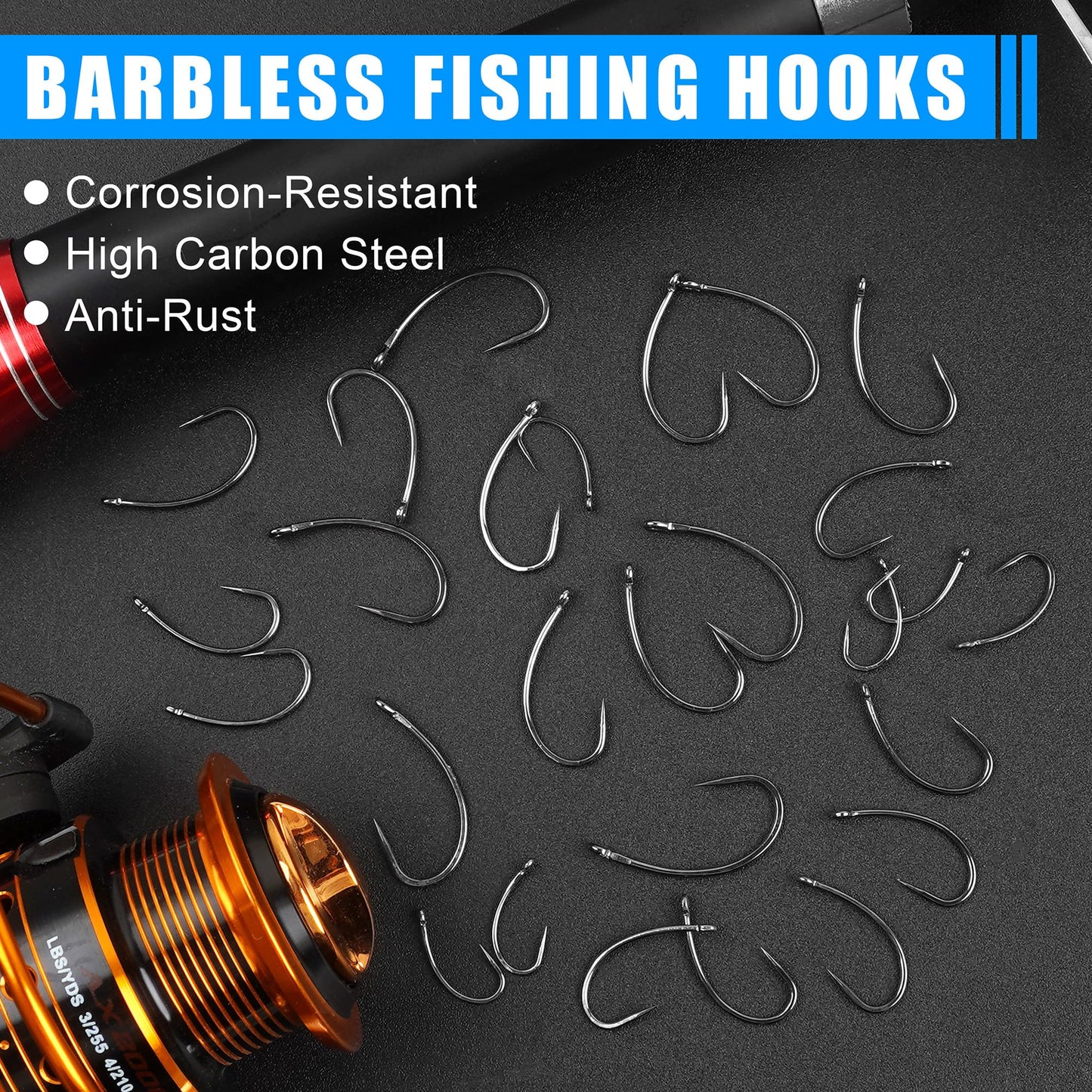 175pcs Barbless Fishing Hook Kits,Small Size Carp Fishing Hooks Curve Shank Crank and Wide Gape Fly Tying Hooks Circle Hook with Tackle Box Size 2#,4#,6#,8#,10#
