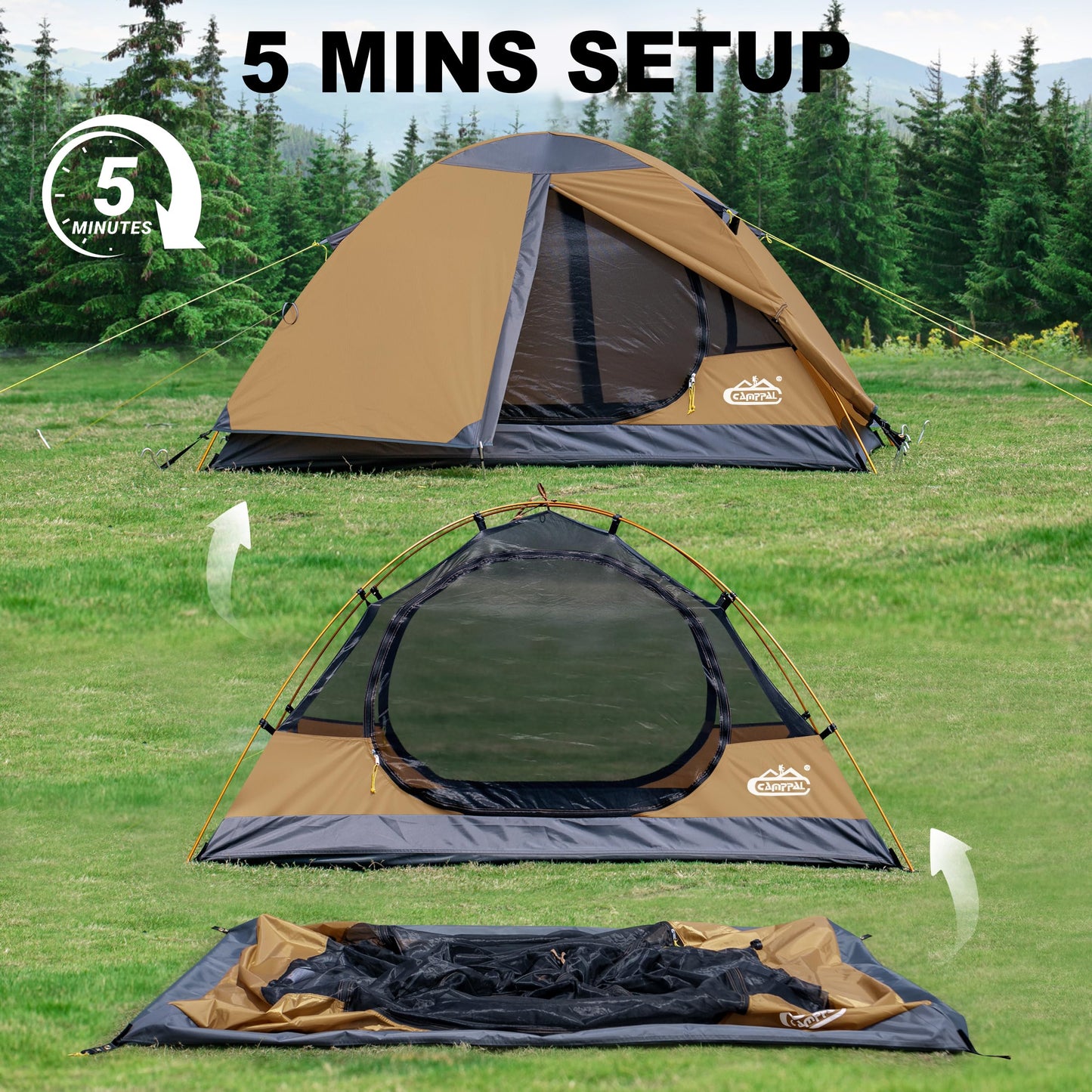 2 Person Backpacking Tent, Waterproof Windproof Two Person Tent, Lightweight Easy Setup 2 Man Tent for Camping, Hiking, Biking, Cycling, Motorbiking, Mountaineering - Khaki