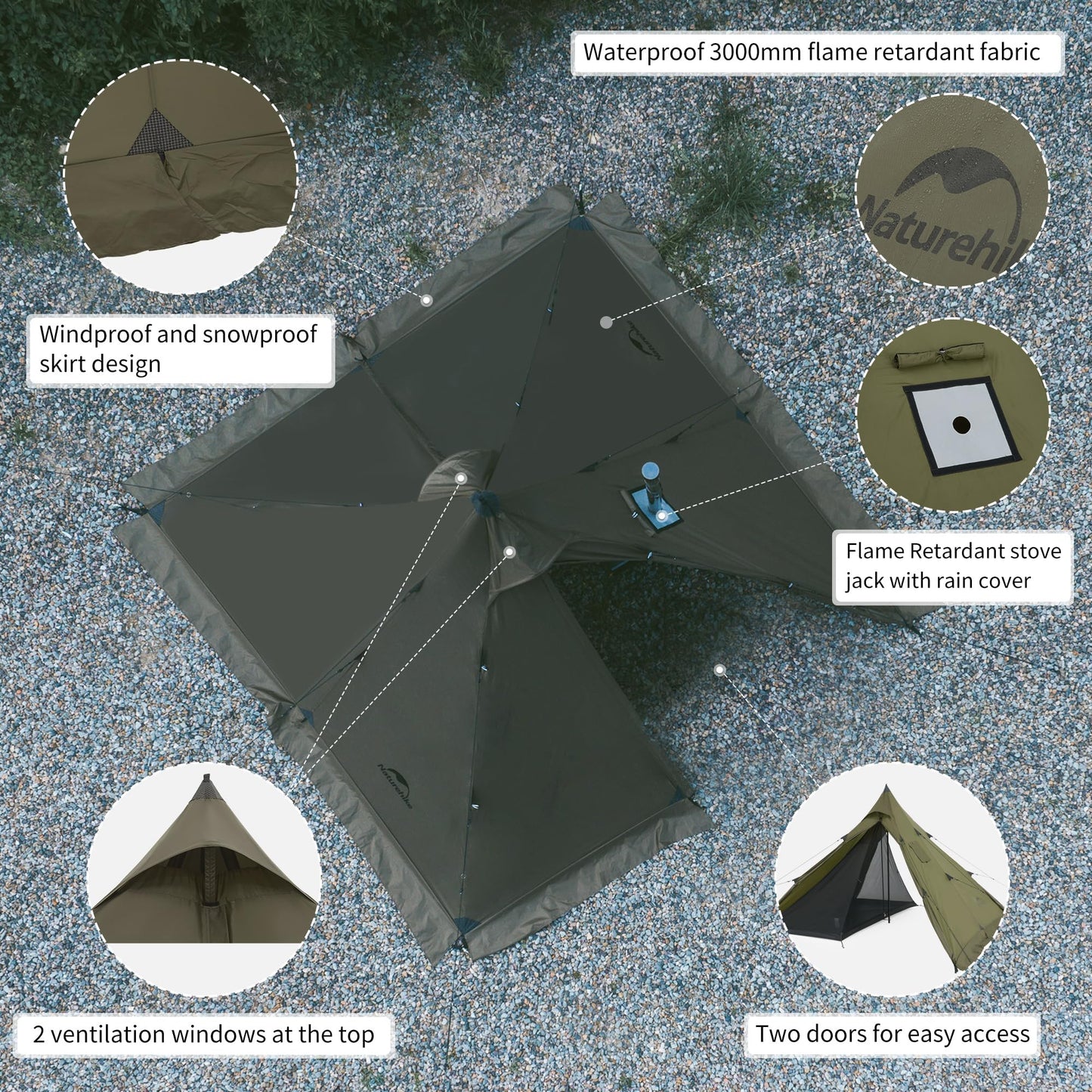 Naturehike Ranch Fire Teepee Tent, 4 Season Hot Tent with Stove Jack, Windproof Waterproof Cold Weather Winter Tents for Camping