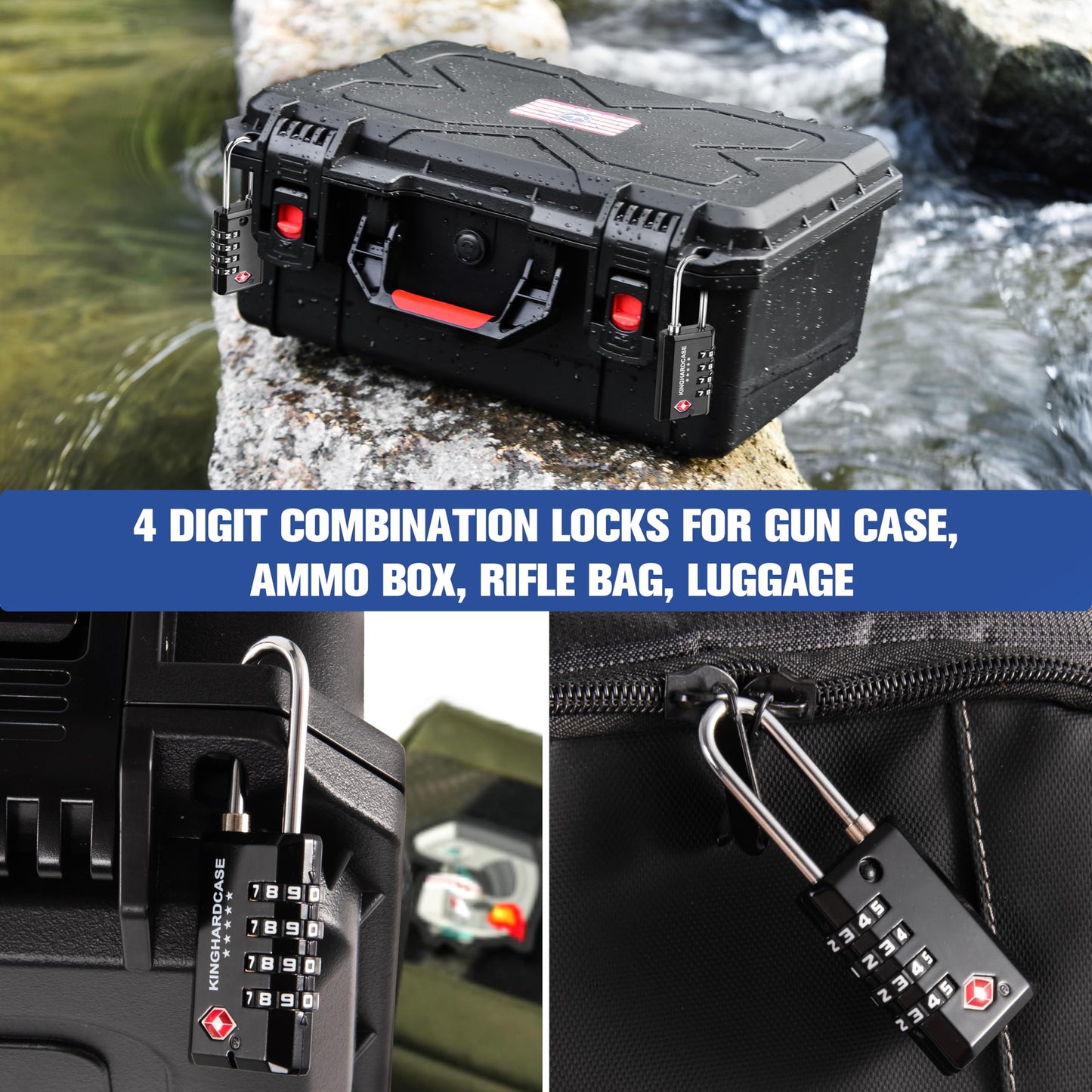 Kinghardcase 2 Pack TSA Approved Gun Locks, 4 Digit Combination Locks for Gun Case, Ammo Box, Rifle Bag, Luggage, Durable Resettable Locks with Locking Hook, Zinc Alloy, Travel Security