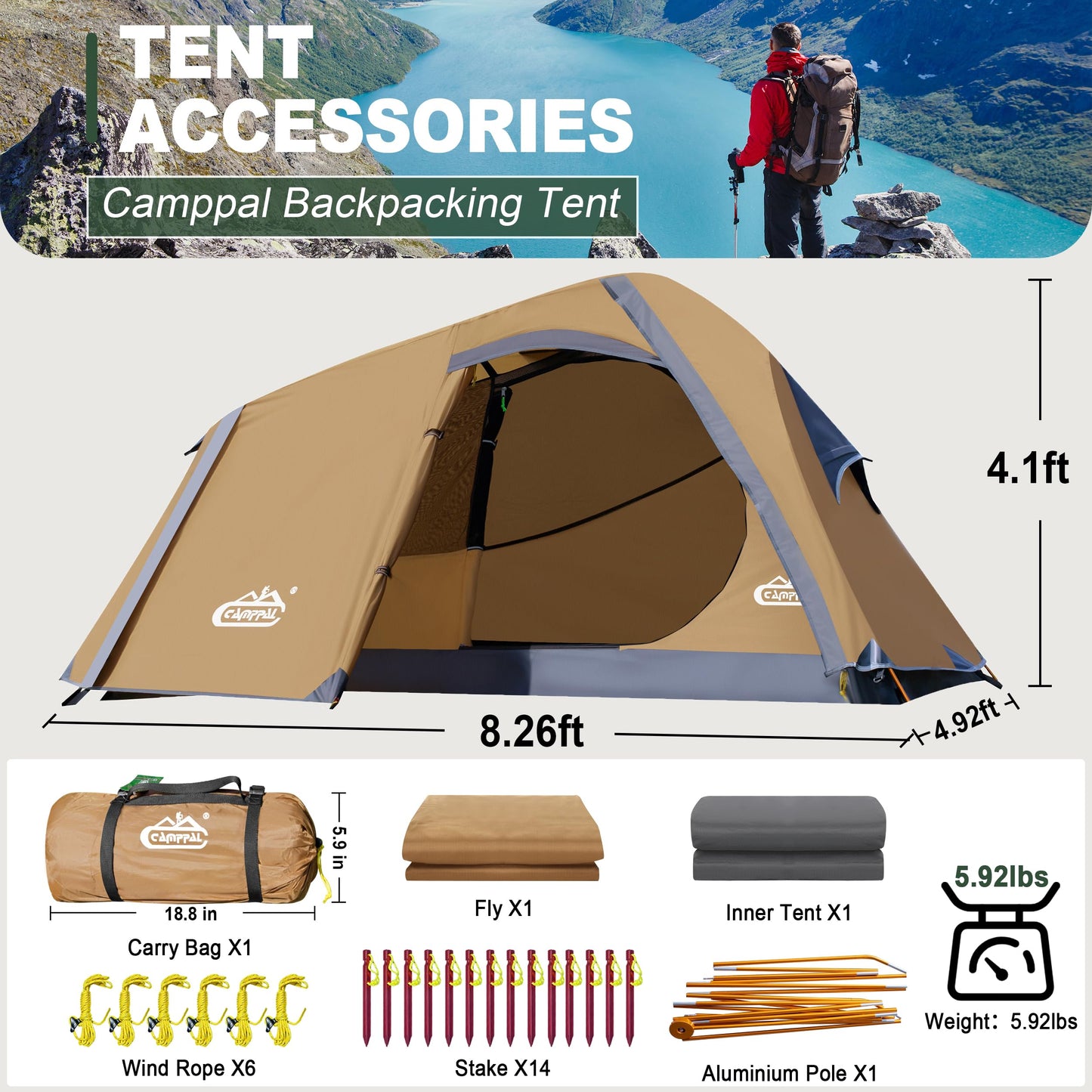 1 Person Backpacking Tent Waterproof Windproof Single Person Tent Lighweight Compact One Person Tent Easy Setup for Camping, Hiking, Mountaineering, Cycling, Biking - Khaki