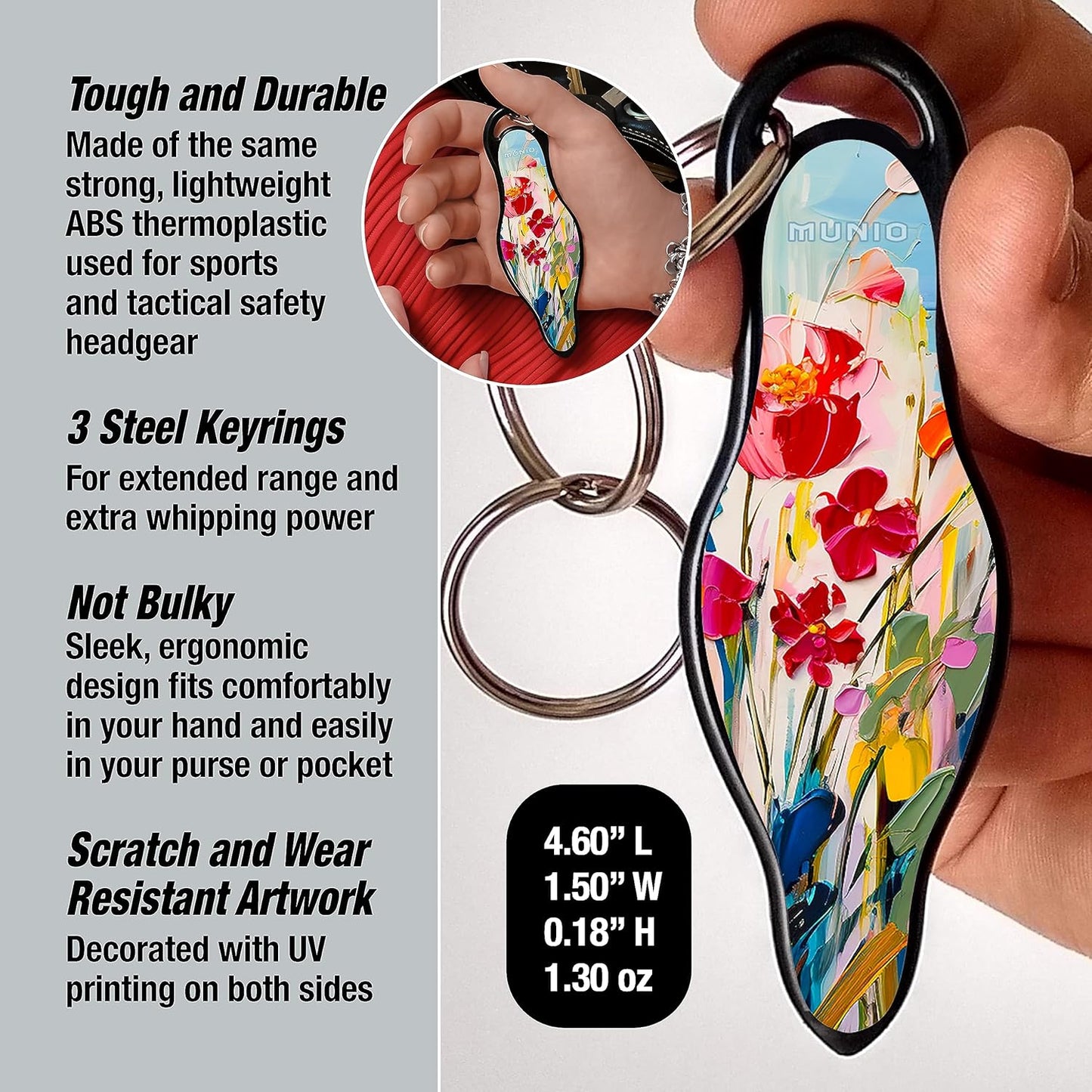 MUNIO Self Defense Keychain – Lightweight, Stylish & Portable Safety Tool for Women & Men – Non-Lethal Kubotan, Easy to Use, TSA Approved – Made in USA – Modern Flowers Design