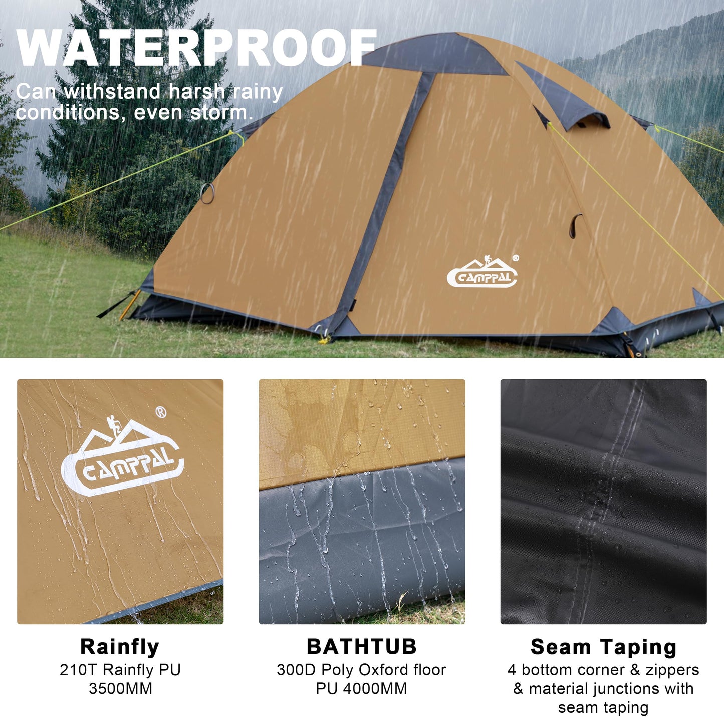 2 Person Backpacking Tent, Waterproof Windproof Two Person Tent, Lightweight Easy Setup 2 Man Tent for Camping, Hiking, Biking, Cycling, Motorbiking, Mountaineering - Khaki