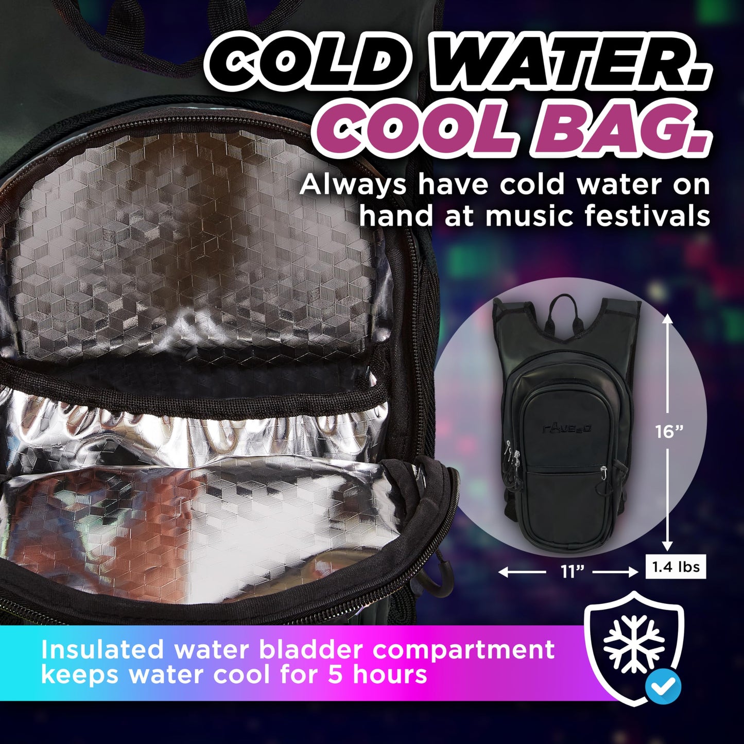 Rave2o Rave Hydration Backpack β Anti-Theft Festival Hydration Pack with 1.5L Leakproof TPU Bladder β Slim, Insulated Water Pack Secret Pockets & Breathable β Raves, Music Festivals, EDC - Prism Black
