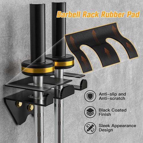 APLUGTEK Olympic Barbell Rack, Home Gym Bar Holder, Black Vertical Wall Mount, Bar Hanger with Rubber Pad, Space Saver Commercial or Garage Gym Accessories, Holds Under 33mm Bar Size (2 Hooks)