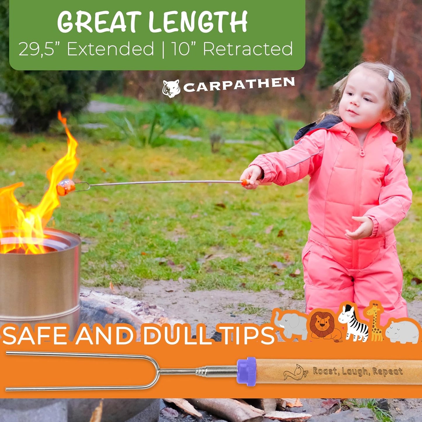 CARPATHEN Marshmallow Roasting Sticks - Set of 6 Premium Rotating Smores Sticks - Extra Long Telescoping Marshmallow Sticks for Fire Pit, Campfire & Bonfire - Camping Accessories
