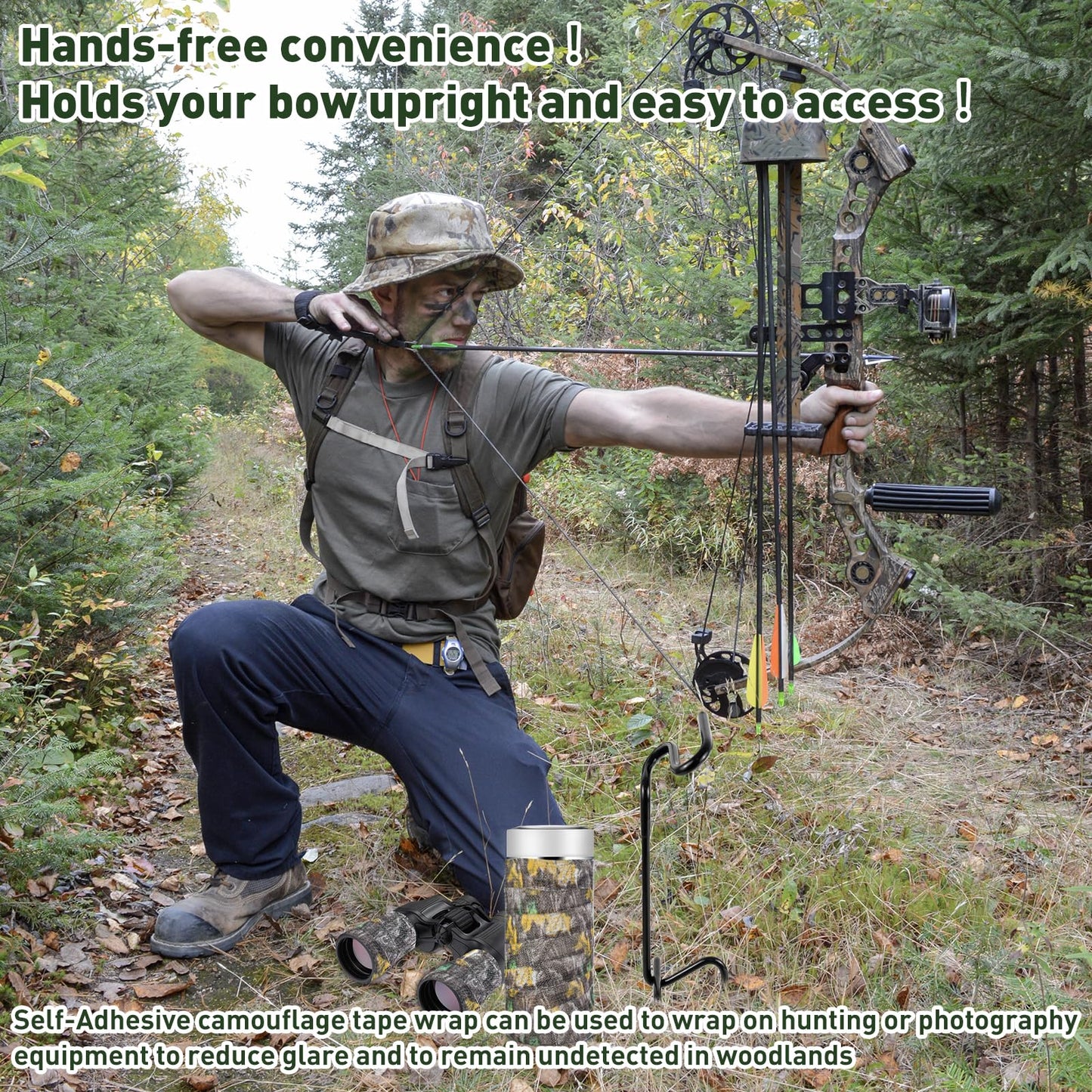 2 Pack Ground Bow Holder, Rustproof Hunting Ground Blind Bow Holder with Self-Adhesive CamouflageTape Rubber Coated Compound Bow Holder Versatile Archery Ground Stake Bow Stand for Hunting Practice