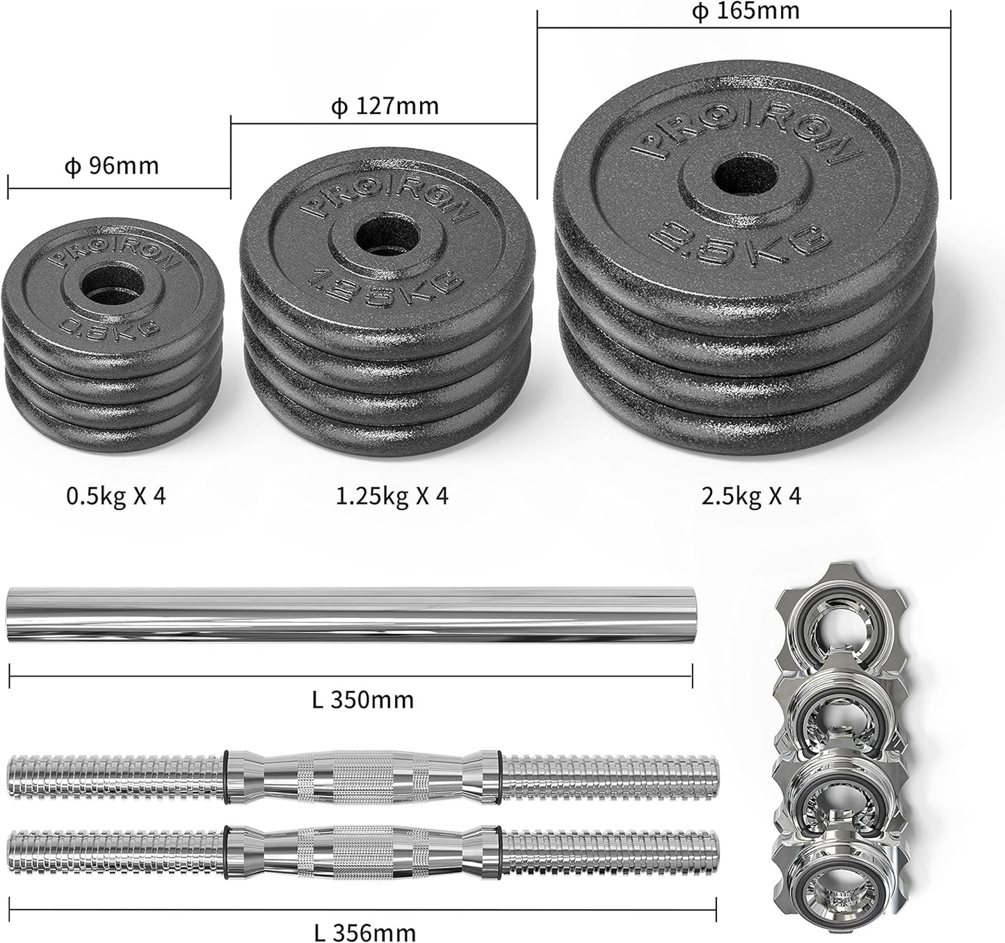 PROIRON 44Lbs Cast Iron Adjustable Dumbbell Set Hand Weight with Solid Dumbbell Handles Changed into Barbell Handily Great for Bodybuilding Fitness Weight Lifting Training Home Gym