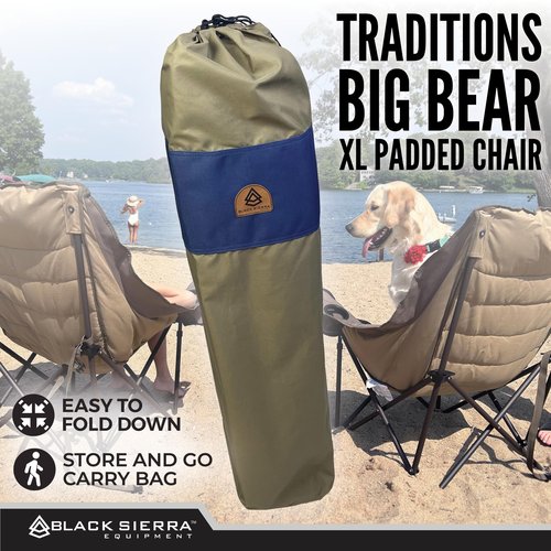 Black Sierra Deluxe Padded Camping Chair for Sports & Outdoors, Oversize XL Outdoor Folding Chair Supports 400 lbs, Heavy Duty Seat w/Dual Cup Holders/Carry Bag Perfect for RV, Tailgating, Glamping