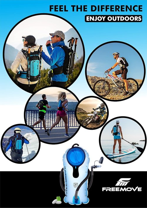 FREEMOVE Hydration Bladder 2L / 3L Water Bladder for Hiking Backpack >Blue or Green< Leak Proof Hydration Pack, Tasteless & BPA Free, TPU Water Reservoir, Quick Release Insulated Tube & Shutoff Valve