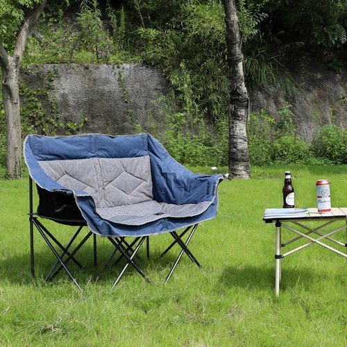 LANMOUNTAIN Folding Loveseat Camping Chair,Portable Double Chair w/Cup Holder,Wine Glass Holder,Carry Bag Heavy Duty Lawn Chair for 2 Adults,Perfect for Camp,Hiking,Picnics and Beach Trips,Blue