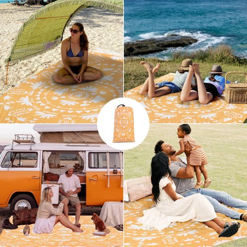 SkyNature 110''×118'' Extra Large Sandproof Beach Blanket 4-8 Adults, Waterproof Foldable Picnic Blankets with 4 Stakes & 4 Pockets, Lightweight Boho Outdoor Beach Mat for Travel, Camping, Hiking