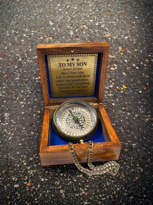 Handmade Brass Engraved Compass on Chain with Wooden Box, Vintage Style Nautical Compass with Intricate Engraving, 2.25 Inches in Diameter