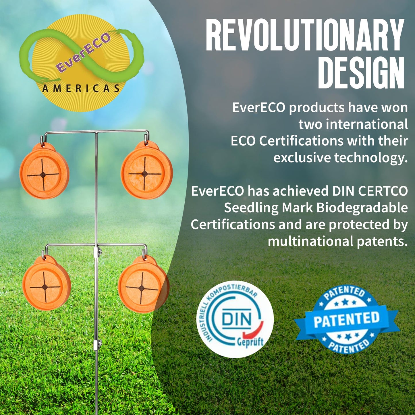 EverECO Americas Reactive Shooting Targets - 4 Pack Biodegradable Targets with 2 Stainless Steel Stands | Eco-Friendly Clay Pigeon | Visual Impact, Outdoor Gun Range Accessories, Made in USA