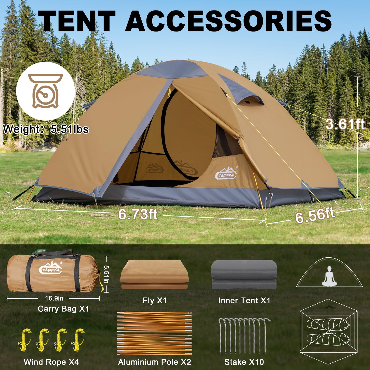 2 Person Backpacking Tent, Waterproof Windproof Two Person Tent, Lightweight Easy Setup 2 Man Tent for Camping, Hiking, Biking, Cycling, Motorbiking, Mountaineering - Khaki