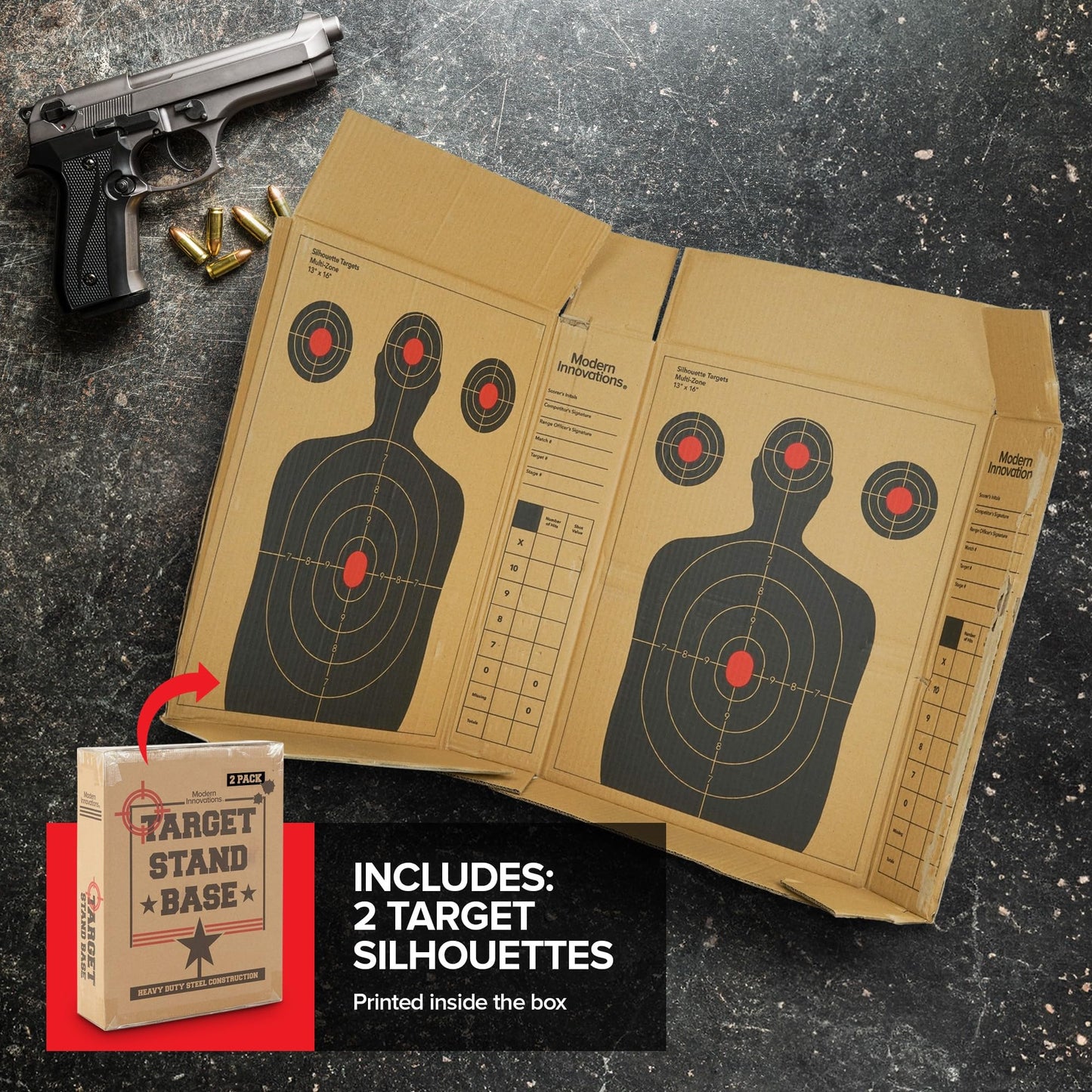 (2 Pack) Steel Target Stand Base for Paper Silhouette Shooting Targets, 8” - 24” Adjustable Width, USPSA/IPSC - IDPA Practice, Includes 2 Cardboard Targets for Shooting