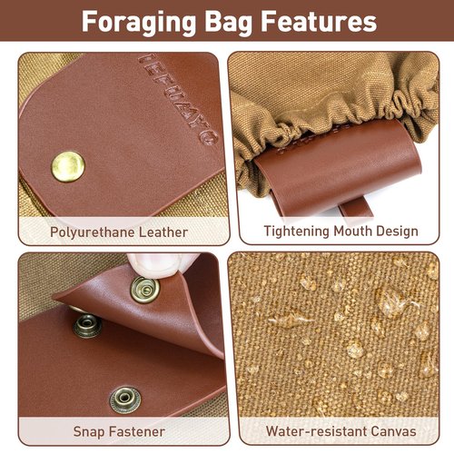 TIEFUMYO Foraging Bag Waxed Canvas Outdoor Camping Foraging Pouch Water Resistant Collapsible Brown Mushroom Bushcraft Belt Tool Bag for Travel Hiking Backpacking