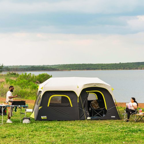 CORE Blackout 9 Person Instant Cabin Tent | Large Multi Room Family Pop Up Dark Room Tent for 2 Minute Camp Setup | Included Storage Pockets for Camping Accessories