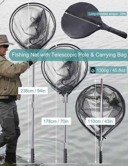 Avlcoaky Rubber Saltwater Fishing Net Large Fishing Landing Fishing Net with Telescoping Handle Kayak Fishing Nets Trout Salmon Fish Net with Bag Extend 70 to 94inch Net Depth 27.5inch