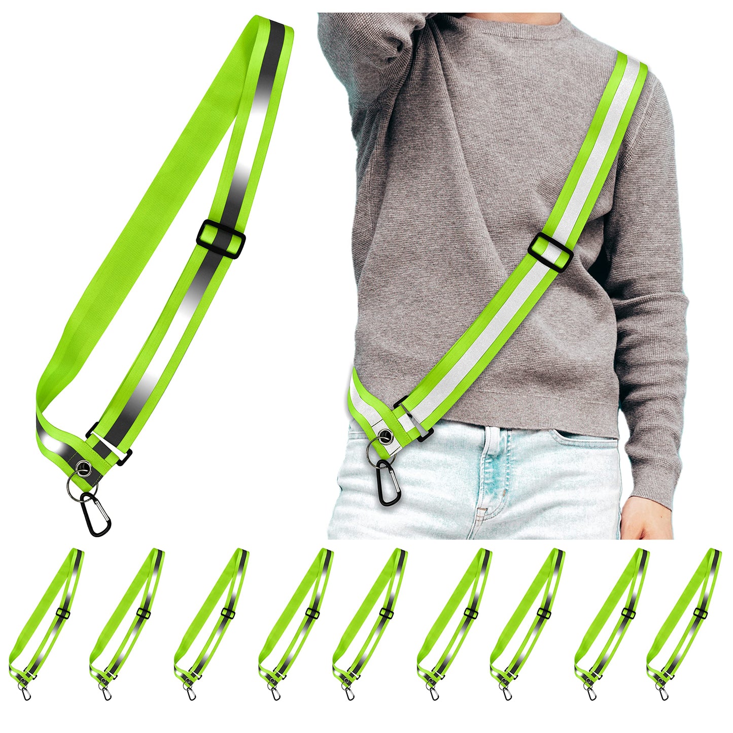 HiVisible Bulk 10 Pack - Safety Reflective Sash for Walking at Night Adjustable Safety Sash for Men Women Kids Reflective Belt Sash for Running Walking Biking