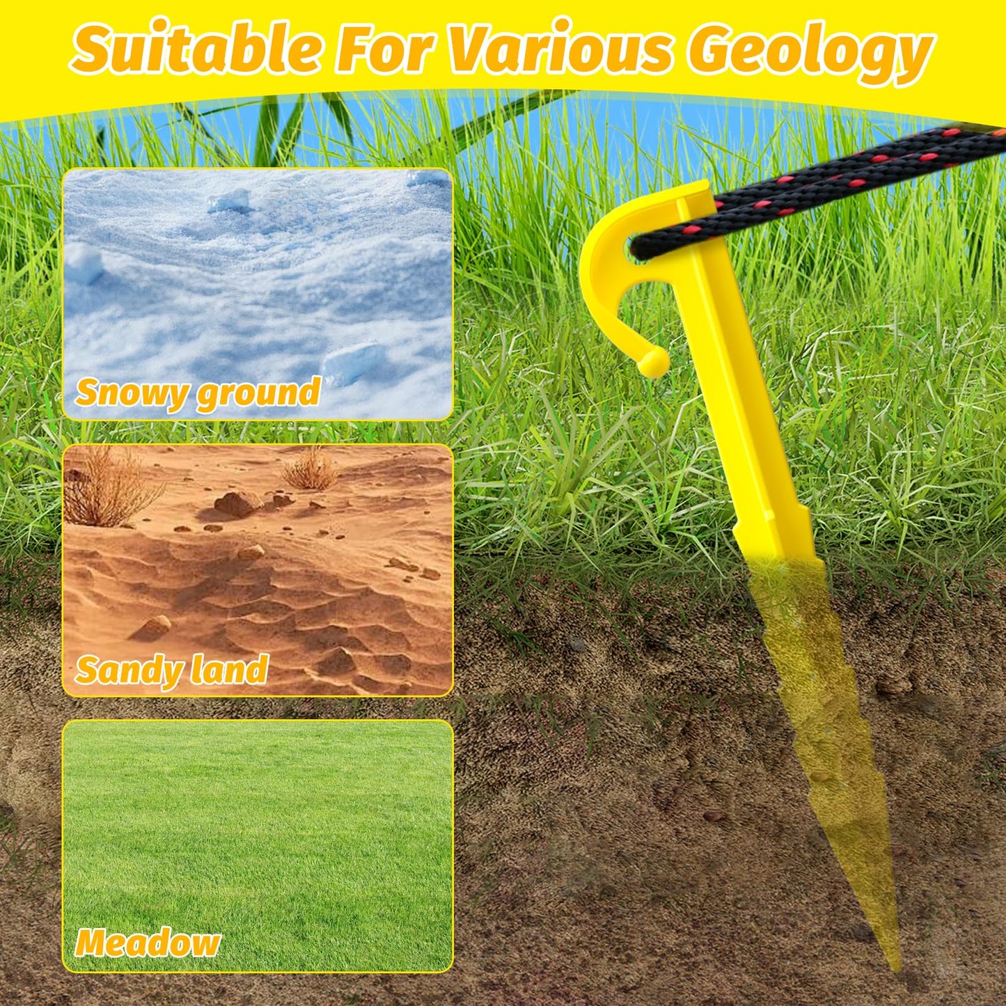 12 Pack Plastic Tent Stakes,5.7 inches, Ideal for Sand, Camping, Backpacking, Beach, Garden, and Lawn use. Durable, Rust-Resistant, and Reliable Support.(Yellow)