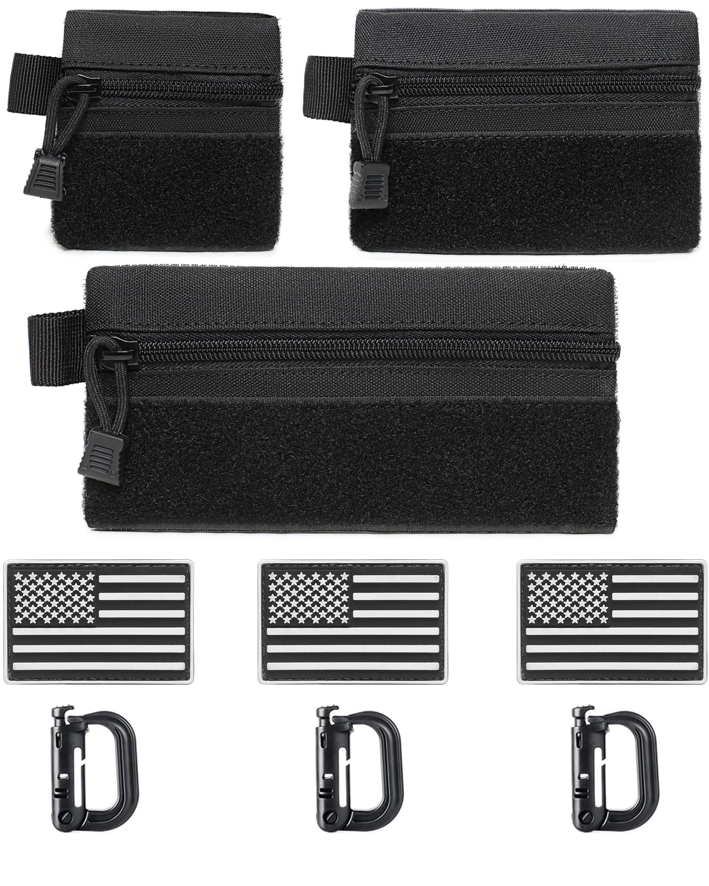 3 Pieces MINI Tactical Tool Zipper Pouch with US Patches & D-Ring Clips - Expansion Pouch,Bag Insert EDC Organizer,Utility Storage Accessories with Hook Fasteners for Vest Backpack Bag Hook and Loop