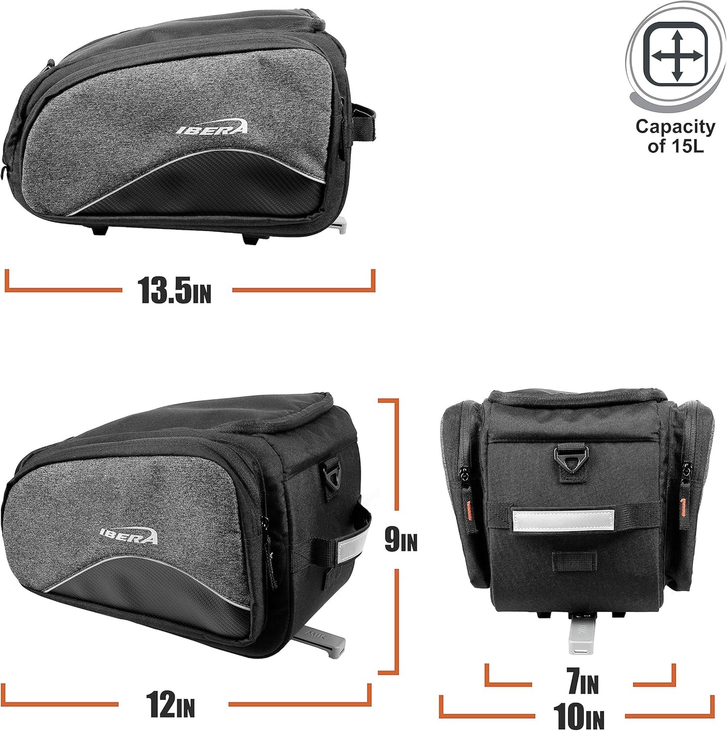 Ibera 2 in 1 PakRak Commuter Bicycle Trunk Bag with Expandable Panniers, Clip On Quick Release Design and Detachable Shoulder Strap