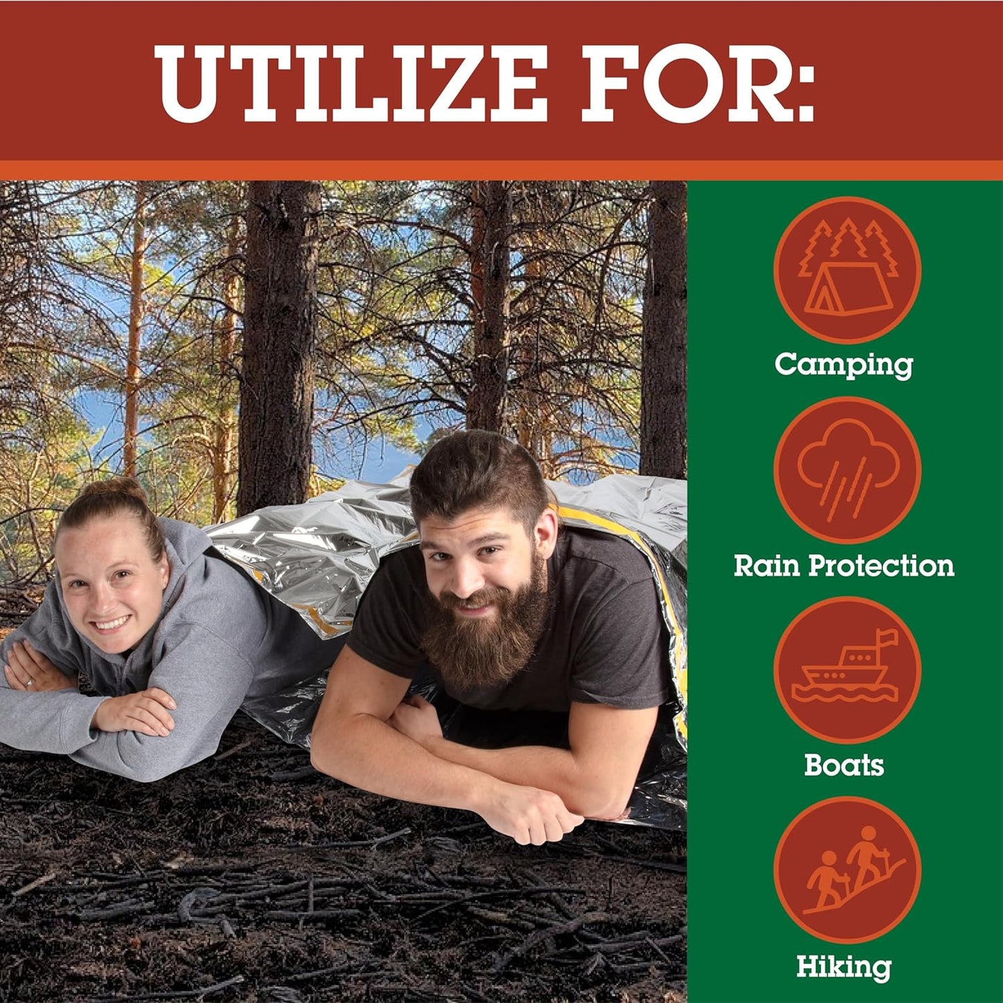 Emergency Thermal Mylar 2 Person Sleeping Bags -Ultra Compact for Camping, Survival, Disaster Bivouac Shelter- Pocket Sized, 7.25ft x 5.25ft - Retains 90% of Body Heat and Repels Wind & Water