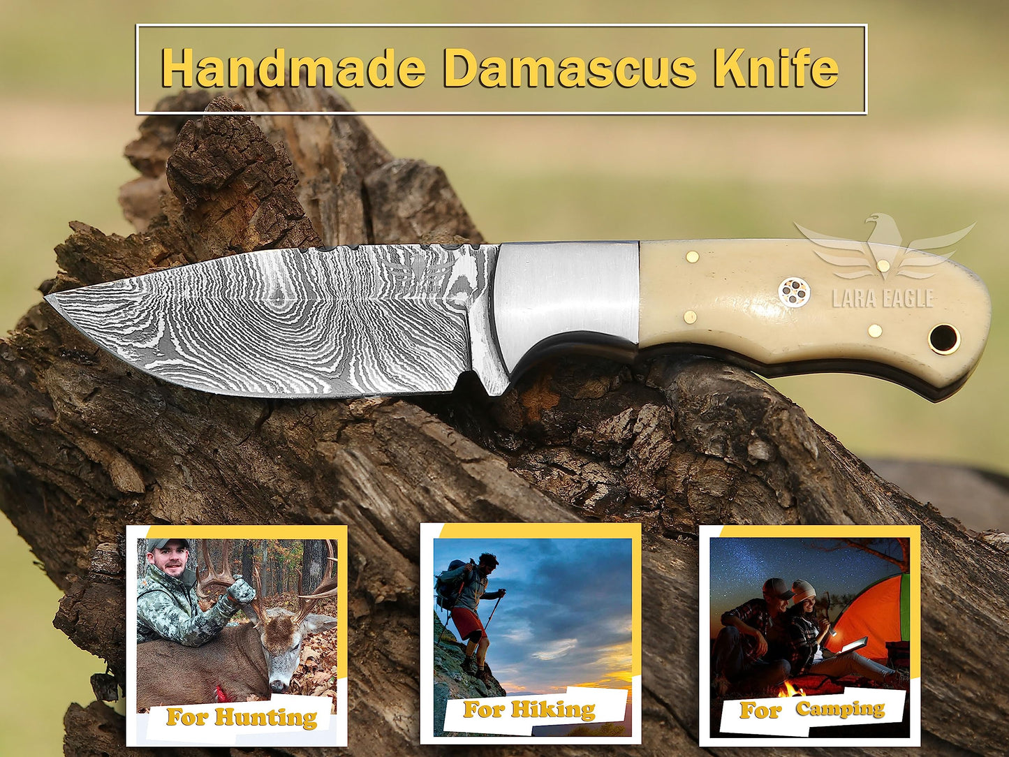 Lara Eagle Damascus Hunting Knife - Fixed Blade Handmade Skinner with Sheath - 7.5 inch Survival Knife Great for Camping, Hunting - Camel bone Handle with mosaic pin, Gift for Husband, Anniversary, Dad (Camel bone)