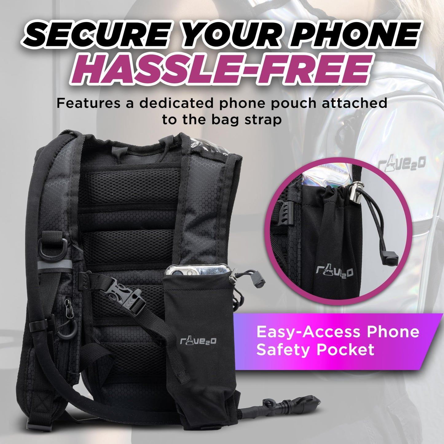 Rave2o Rave Hydration Backpack β Anti-Theft Festival Hydration Pack with 1.5L Leakproof TPU Bladder β Slim, Insulated Water Pack Secret Pockets & Breathable β Raves, Music Festivals, EDC - Prism Black