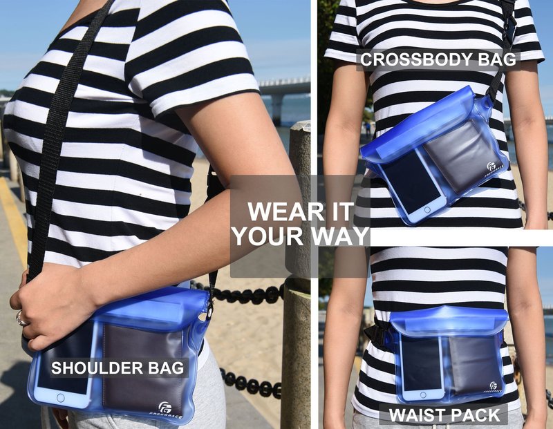 Premium Waterproof Pouch Set with Waist/Shoulder Strap - Best Way to Keep Your Phone and Valuables Dry and Safe - Perfect for Boating Swimming Snorkeling Kayaking (Blue + Waterproof Case)