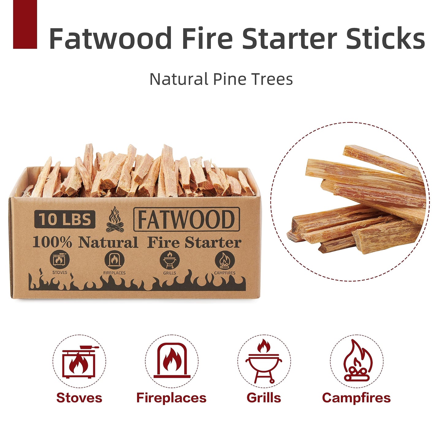 10 Lbs Fatwood Fire Starter Sticks, 100% Natural Kindling, Pine Firewood Firestarter for Campfire, Stove, Fireplace, Bonfires, Grill