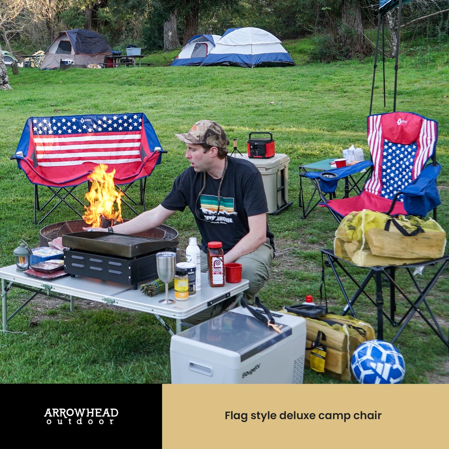 ARROWHEAD OUTDOOR Portable Deluxe Folding Camp Quad Chair w/Headrest, Glass & Cup Holders, Armest 6-can Cooler, Heavy Duty Carry Bag, 550 lbs Weight Capacity