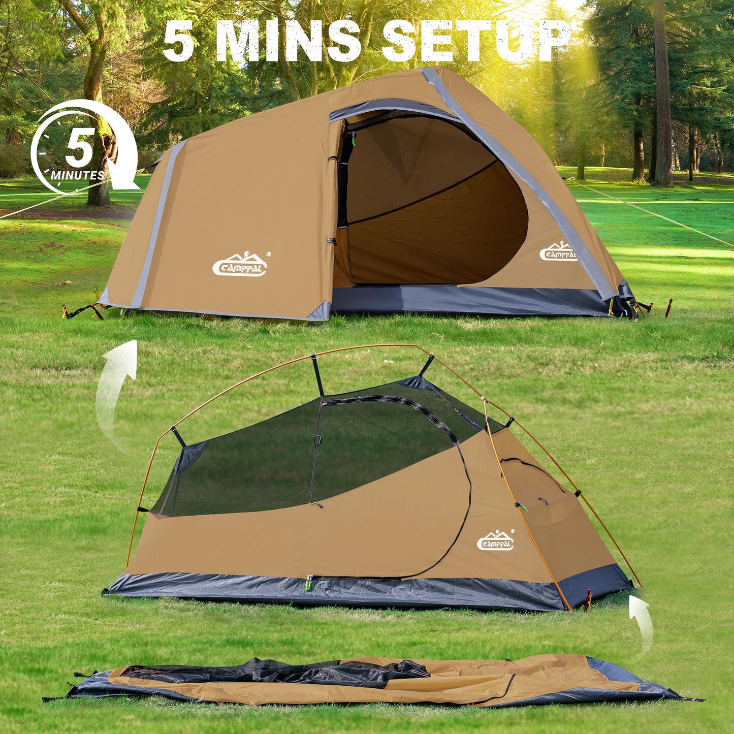 1 Person Backpacking Tent Waterproof Windproof Single Person Tent Lighweight Compact One Person Tent Easy Setup for Camping, Hiking, Mountaineering, Cycling, Biking - Khaki